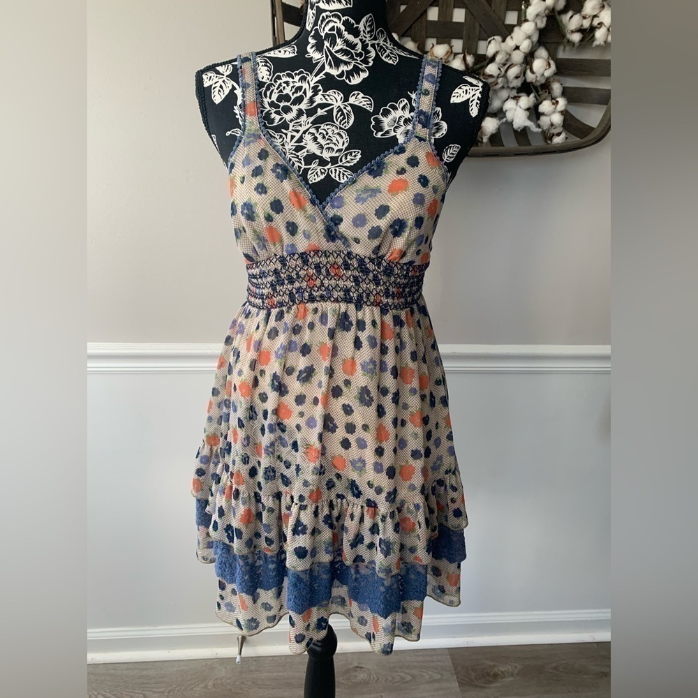 DEJAVU women's dress medium blue coral tan polyester summer outdoor warm weather